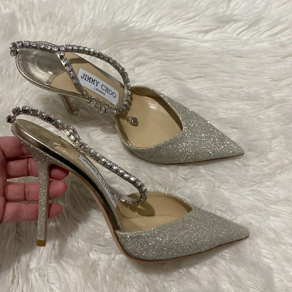 New Jimmy Choo Saeda 100 Platinum Ice‎ dusty glitter pumps size 38EU